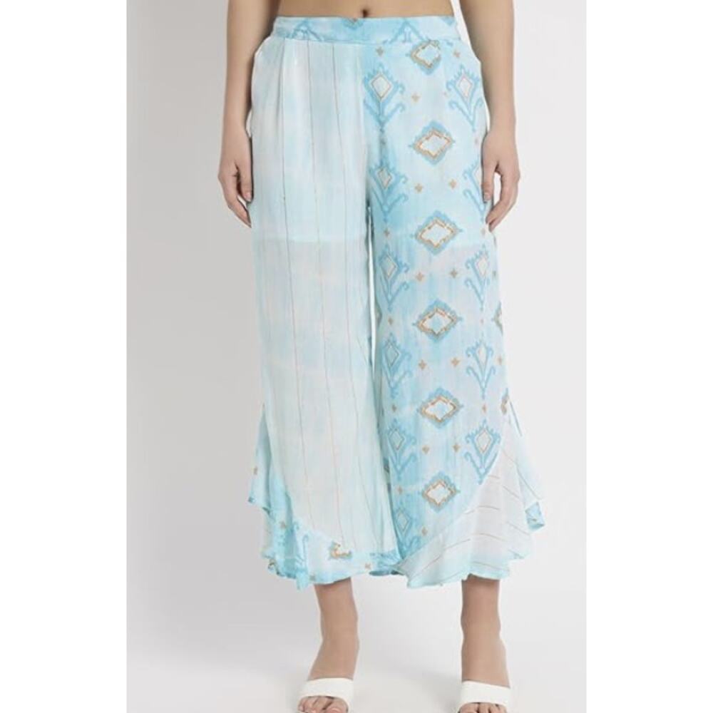 ETC Palazzo Pants Blue Ikat Wide Leg Size M Cropped Flowy Boho Beach Resort